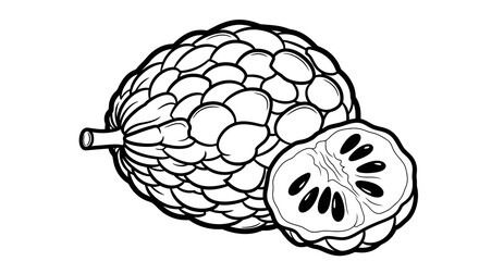 Fototapeta premium A simple line drawing of a custard apple fruit with a slice cut out to reveal its seeds.