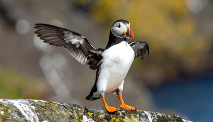 Atlantic Puffin Spreading Wings on Cliffside, Iceland Wildlife.