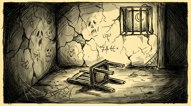 Abandoned Prison Cell with Broken Furniture.