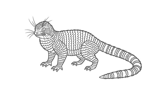 Detailed black and white illustration of a mongoose with striped tail and whiskers.