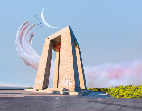 Air Force aerobatic team performing demonstration flight over Canakkale Martyrs' Memorial against to Dardanelles Strait -  &Ccedil;anakkale, Turkey