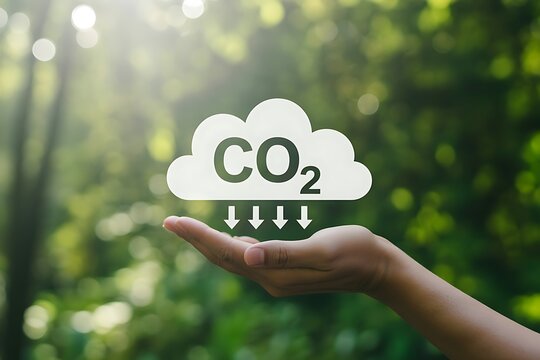 A hand holding a glowing cloud icon displaying CO2 with downward arrows
