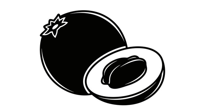 A simple black and white illustration of an avocado with one half cut open.