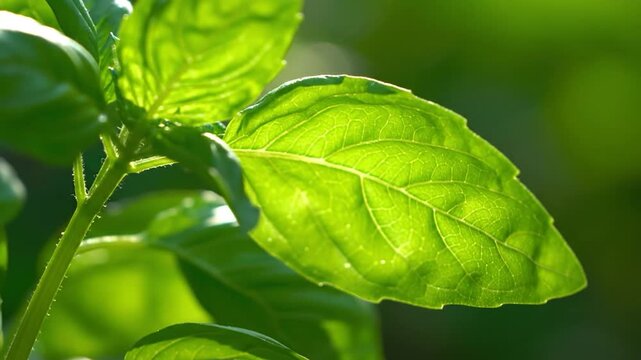 Close-up of vibrant green basil leaves swaying gently in the sunlight, showcasing fresh organic growth.