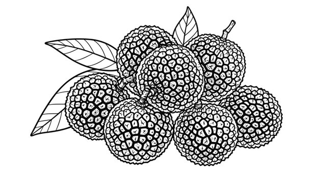 A detailed black and white drawing of a cluster of blackberries with leaves.
