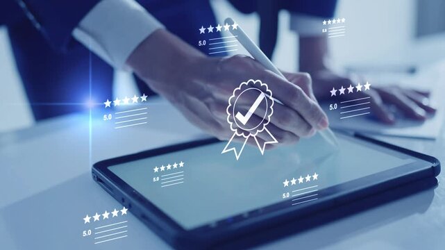Online rating and customer feedback system on a digital interface, best service quality with 5.0 rating and guarantee satisfaction icon, product certification, ISO standards, and top-quality service