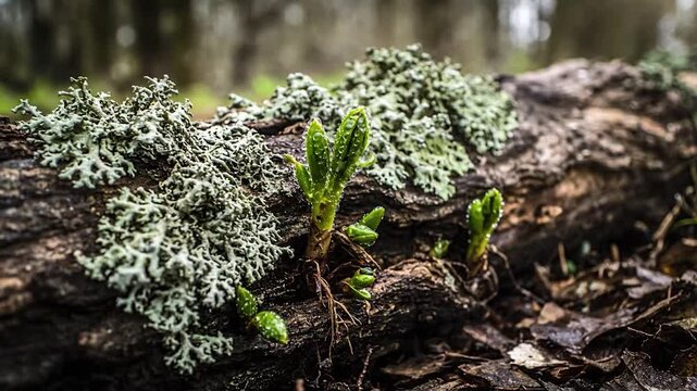 Close-up of vibrant green moss and lichen growing on a fallen tree trunk in a lush forest environment.