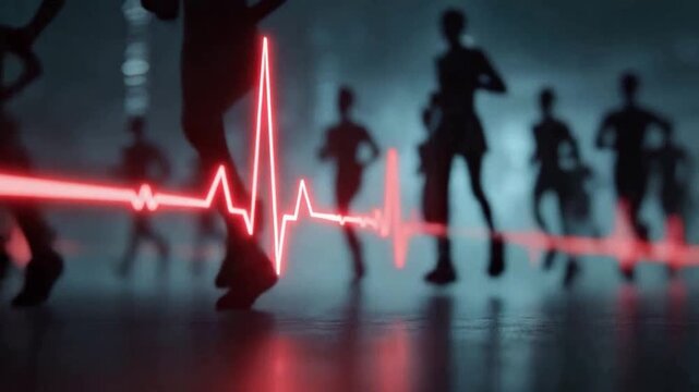 Running for Health: Silhouette runners in motion, with a vibrant heartbeat line overlay, capturing the vitality and energy of health and fitness. 