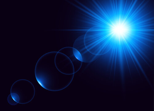 Radiant Blue Lens Flare Light Beam in Dark Space, Futuristic Abstract Energy Glow Vector Illustration.