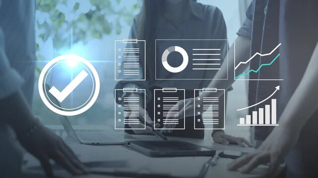 Digital document management and quality check. Business data analysis, audit verification checklist, approved standard compliance, smart system automation, and certified information concept