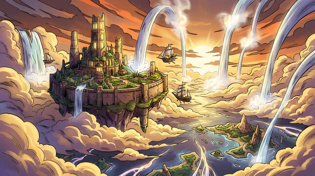 Fantasy Island with Waterfalls and Castle.
