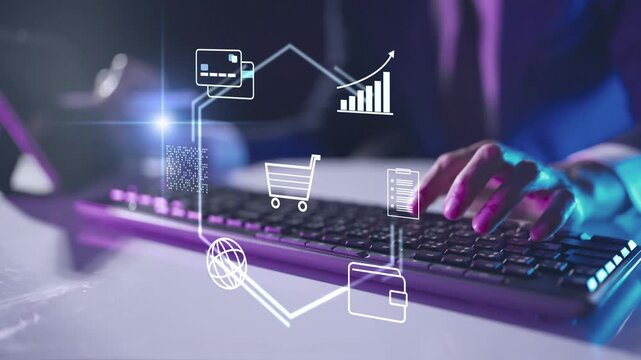 Online shopping and mobile payment concept. Digital online shopping e-commerce business, internet banking app, virtual credit card transaction, smart retail marketing, and global wallet technology.