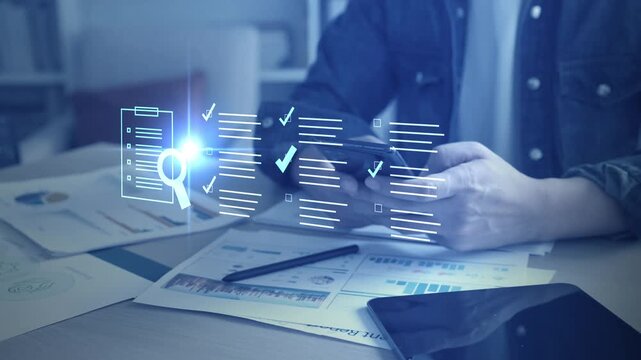 AI data processing and digital document analysis. Business information management, smart checklist verification, automated audit system, searching technology, and intelligent workflow concept.