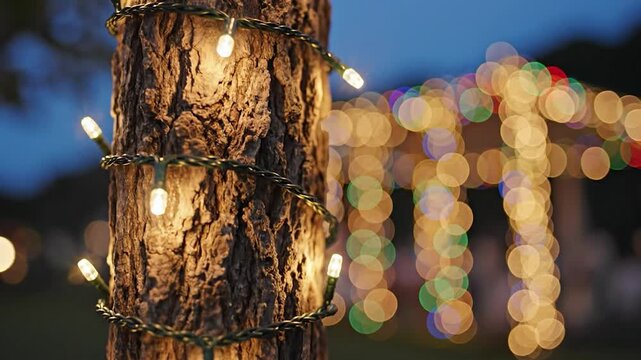 Glowing string lights wrapped around tree trunk with blurred colorful bokeh background at night