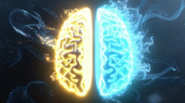 Dual Brain: An evocative visualization of the human mind, showcasing two luminous brain hemispheres, one radiating warmth and the other emanating coolness, reflecting the duality of thought.