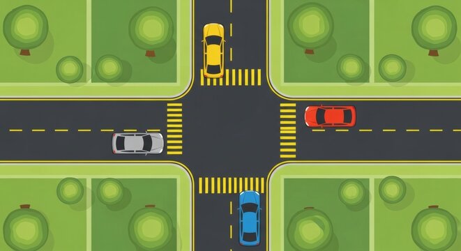 Aerial view of a four-way intersection with cars at each entry and grassy areas with trees around it.