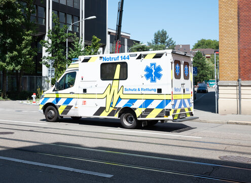 Ambulance driving in the street of Zurich in Switzerland