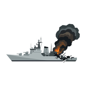 vector flat of a ship burning due to a missile attack o9