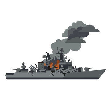 vector flat of a ship burning due to a missile attack o5