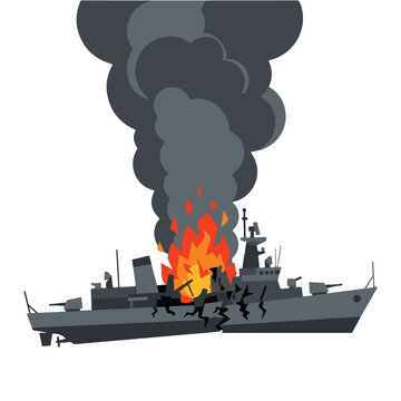 vector flat of a ship burning due to a missile attack o7