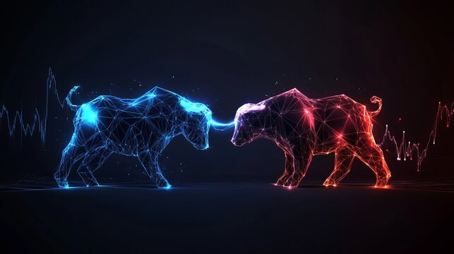 A digital illustration of a blue bull and a red bear facing each other in a dark background