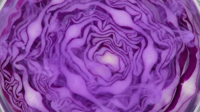 Close-up overhead view of a vibrant red cabbage cut in half revealing its intricate layers.