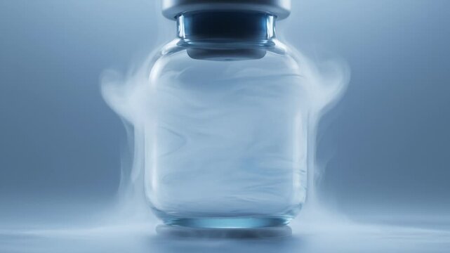 Empty Vial Surrounded by Smoke Against Blue Background, Medical Concept