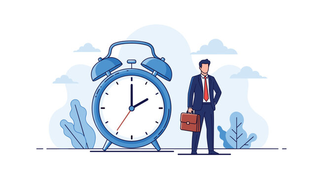 Businessman stands next to a large blue alarm clock symbolizing the importance of time management and meeting project deadlines in the office.