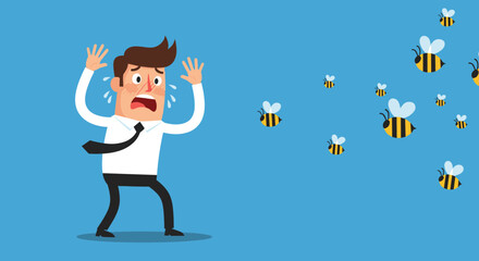 Scared businessman runs away in terror from a swarm of stinging bees illustrating the concept of avoiding problems or facing sudden threats.