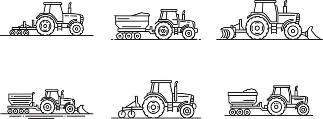 Diverse set of agricultural tractors and farming machinery illustrated in a clean outline vector style suitable for industrial applications and digital design elements © Muhammad