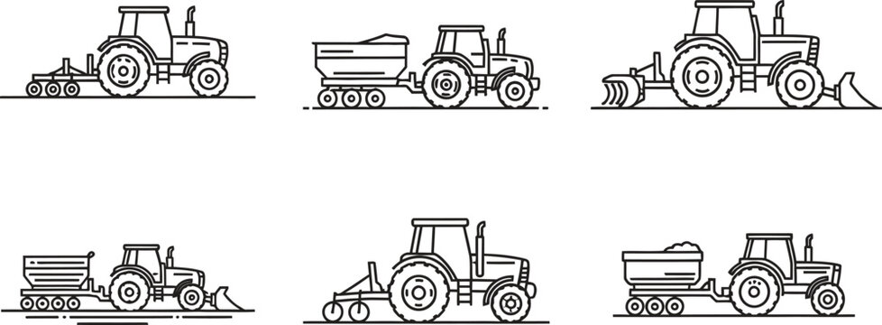 Diverse set of agricultural tractors and farming machinery illustrated in a clean outline vector style suitable for industrial applications and digital design elements