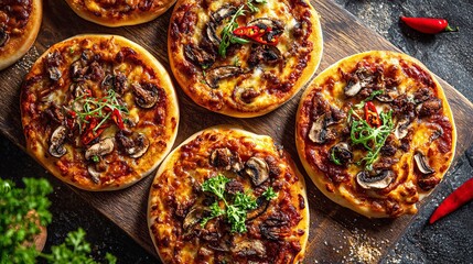 Pizzas with chili and mushrooms rest on a wooden board from above.