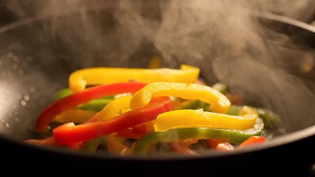 Colorful Bell Peppers Saut?ing in a Hot Pan with Steam Rising.
