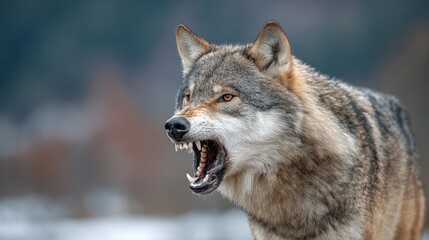 Obraz premium Wolf's large, open mouth shows sharp teeth. It growls against a blurred scene.