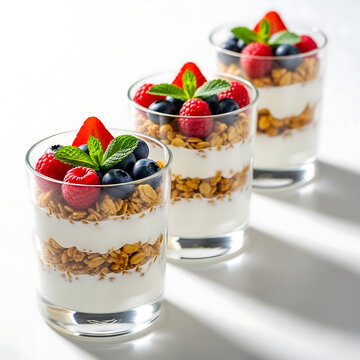 Three glasses of layered yogurt parfait with granola and fresh berries isolated on white