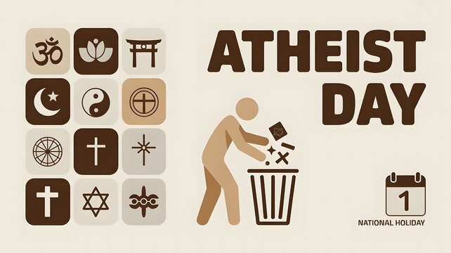 Atheist Day concept illustration with calendar and secular symbols celebrating free thought humanism science and nonreligious philosophy