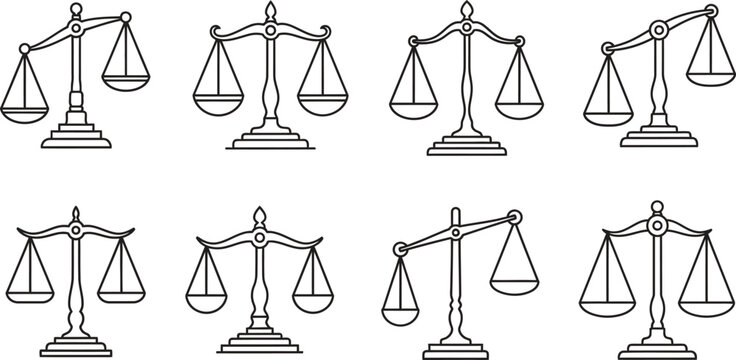 Collection of weighing scales icons featuring various balanced and unbalanced designs in a clean line art vector style perfect for legal justice and measurement concepts