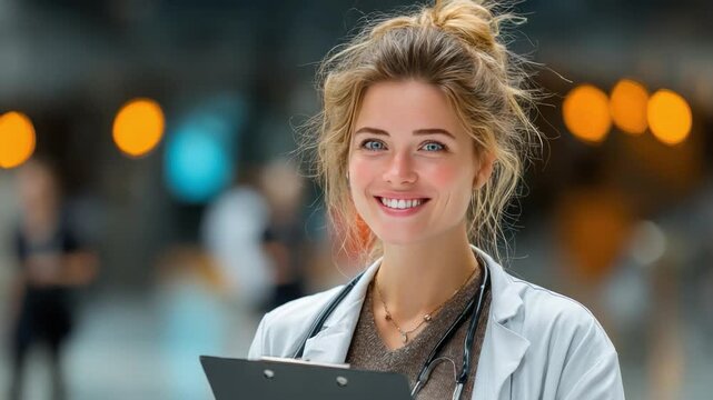 Smiling Doctor: A friendly and approachable female doctor, radiating confidence, poses with her medical record, ready to provide care, embodying professionalism.