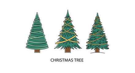 Obraz premium Set of three different stylized green Christmas trees with golden ribbons and the text Merry Christmas written below.