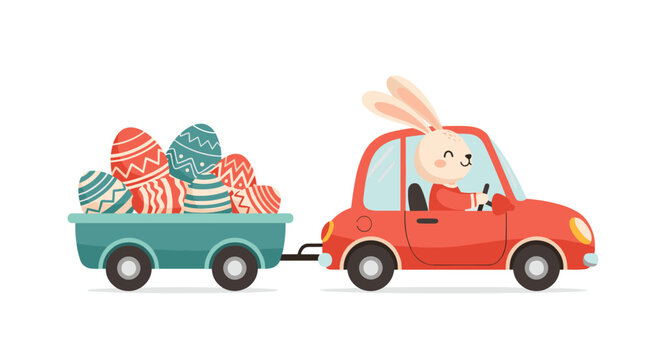 Cute Easter bunny driving a bright red car and pulling a trailer full of colorful decorated Easter eggs in a fun scene.