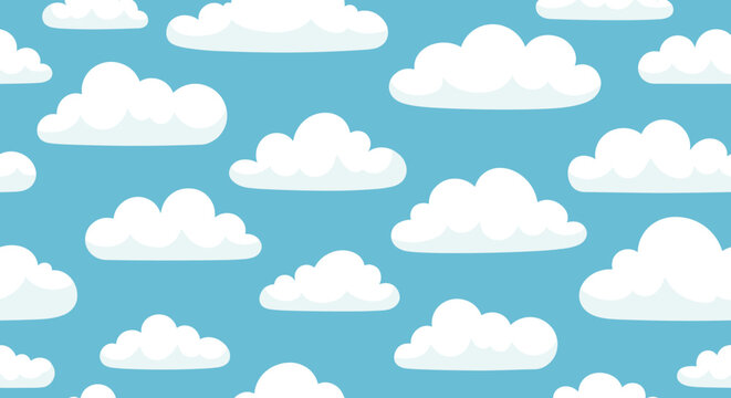Cheerful seamless pattern of fluffy white clouds of various shapes and sizes on a clear blue sky background.