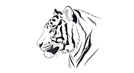 Obraz premium Majestic black and white linear drawing of a tiger head in profile showing its powerful facial structure and distinctive stripe pattern.