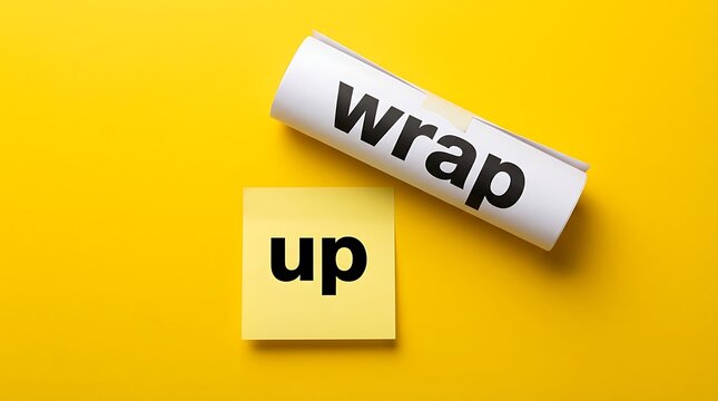 Conclusion concept with wrap up words on paper tube and sticky note isolated on vibrant yellow surface business meeting summary project finish deadline management flat lay top view