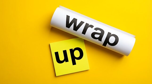 Creative business flat lay featuring wrap up text on paper roll and square sticky note over bright yellow background meeting summary project completion deadline strategy composition