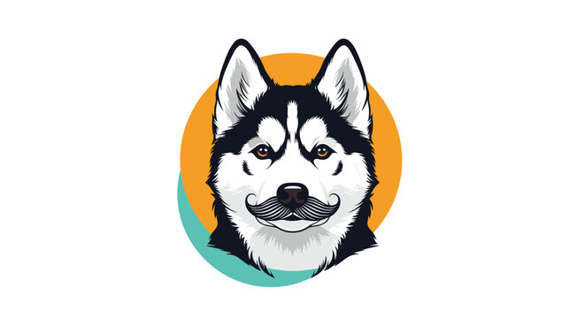 Distinguished siberian husky dog face featuring a classic mustache is framed by colorful circles on a clean white background.