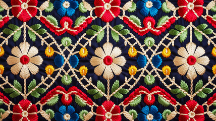 Fototapeta premium Exquisite floral embroidery featuring an ornate and colorful traditional pattern, meticulously crafted on dark fabric, perfect for heritage textile designs