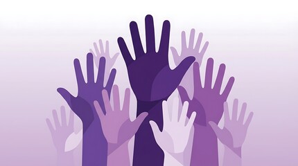Fototapeta premium A diverse group of hands reaching upwards in different shades of purple, representing collective strength and solidarity for international women's day