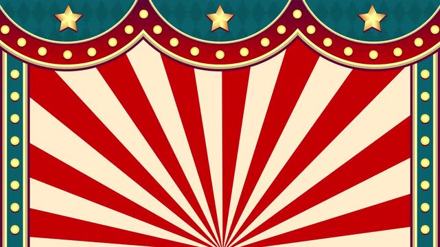 Carnival Circus Stage Frame Animation with Red Sunburst Rays and Retro Marquee Light Border