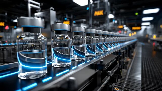 Automated pharmaceutical production line with glass vials on a conveyor, showcasing modern drug manufacturing technology in a sterile cleanroom.