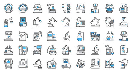 A comprehensive collection of blue and grey line art icons representing scientific laboratory equipment, industrial automation, robotics, and medical technology.